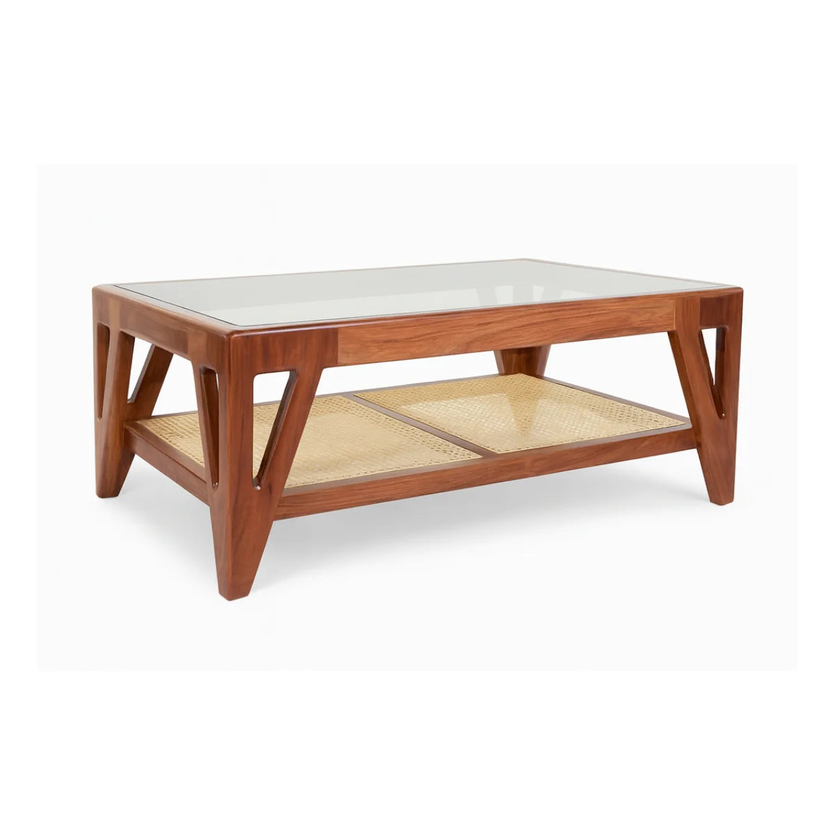 Mid-century sheesham wood rectangular cane coffee table with glass top