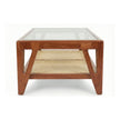 Mid-century sheesham cane coffee table end view with angled legs