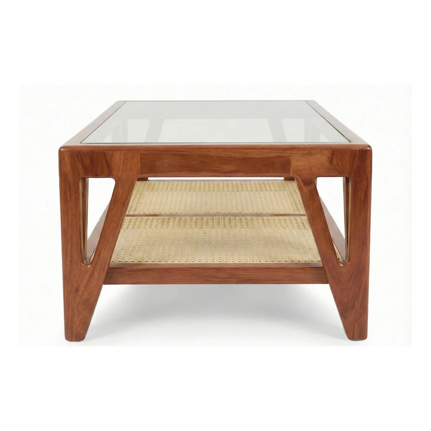 Mid-century sheesham cane coffee table end view with angled legs