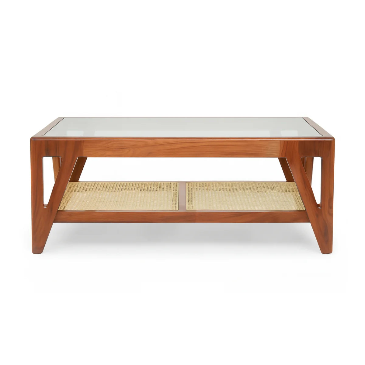 Mid-century rectangular cane coffee table front view with glass top