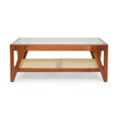 Mid-century rectangular cane coffee table front view with glass top