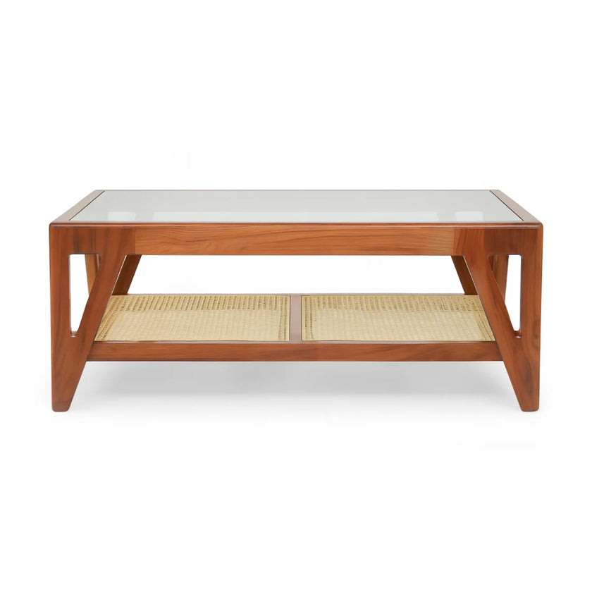 Mid-century rectangular cane coffee table front view with glass top