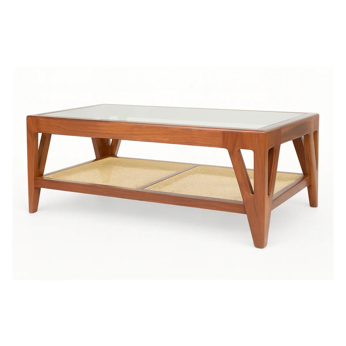Mid-century sheesham coffee table with glass top and rattan cane shelf