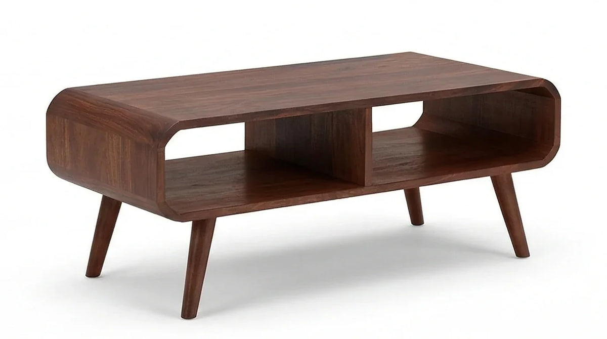 Mid-century walnut finish coffee table with curved sides and open shelf
