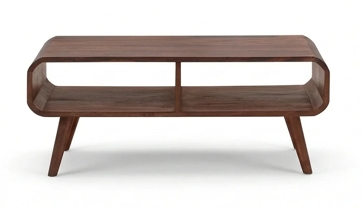 Mid-century solid wood center table front view with tapered legs
