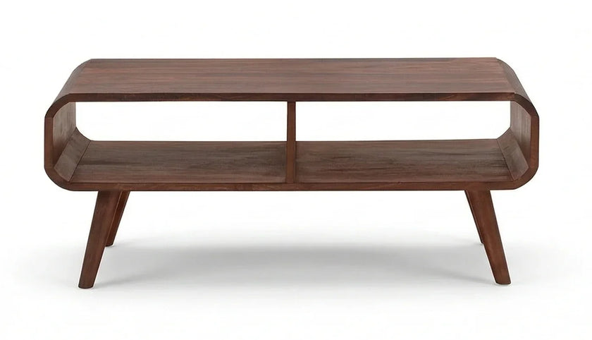 Mid-century solid wood center table front view with tapered legs