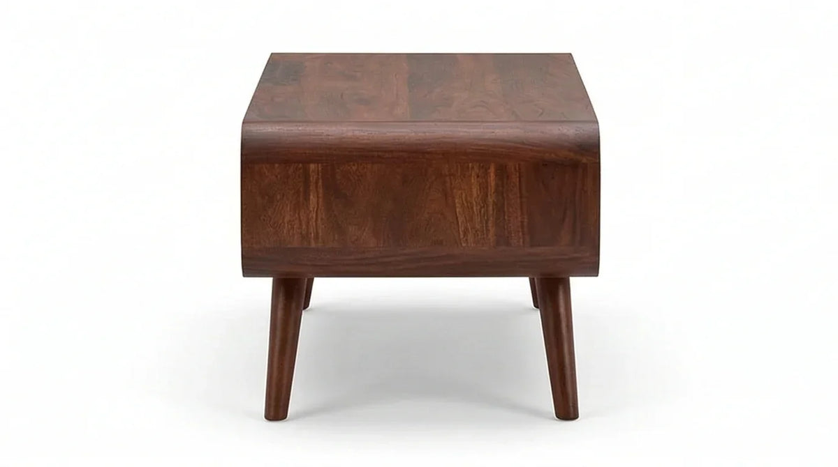 Mid-century wooden coffee table side view showing curved end