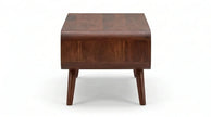 Mid-century wooden coffee table side view showing curved end