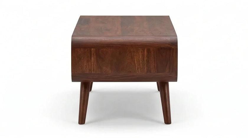 Mid-century wooden coffee table side view showing curved end