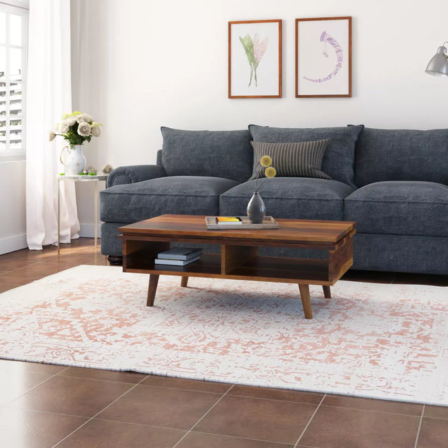 Milo sheesham coffee table with open shelf in front of a blue sofa