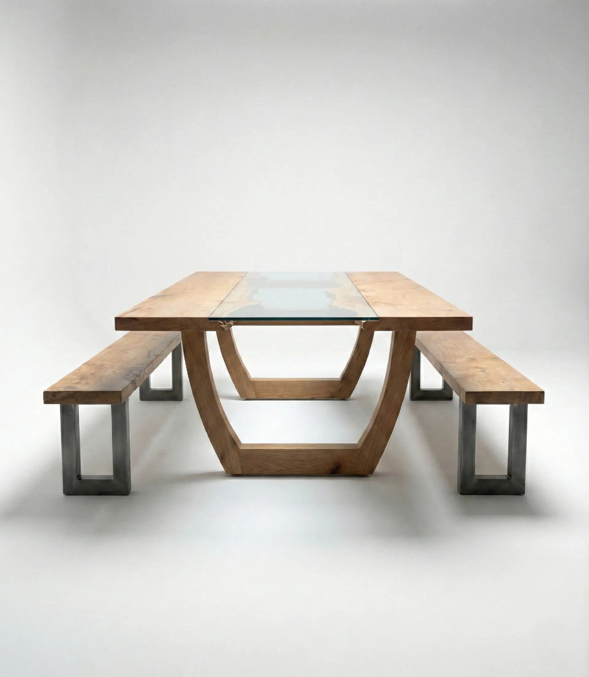 Nolan 6 seater solid wood glass top dining table set with industrial style bench seating.