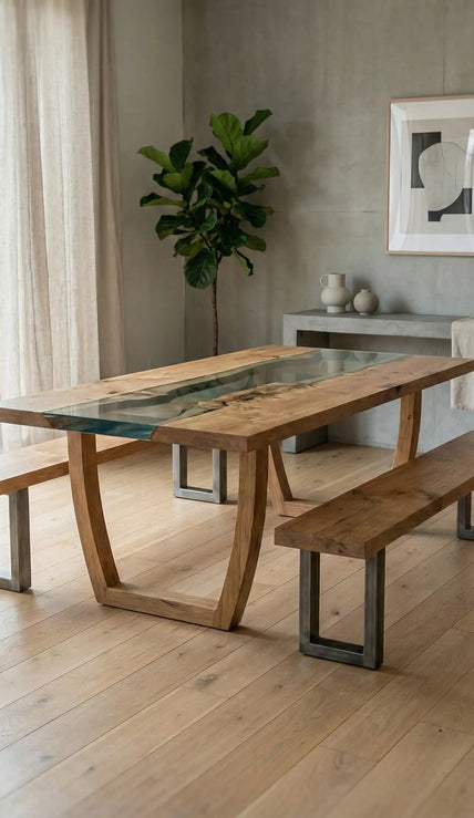 Nolan solid wood glass top dining table with bench styled in modern dining room interior.