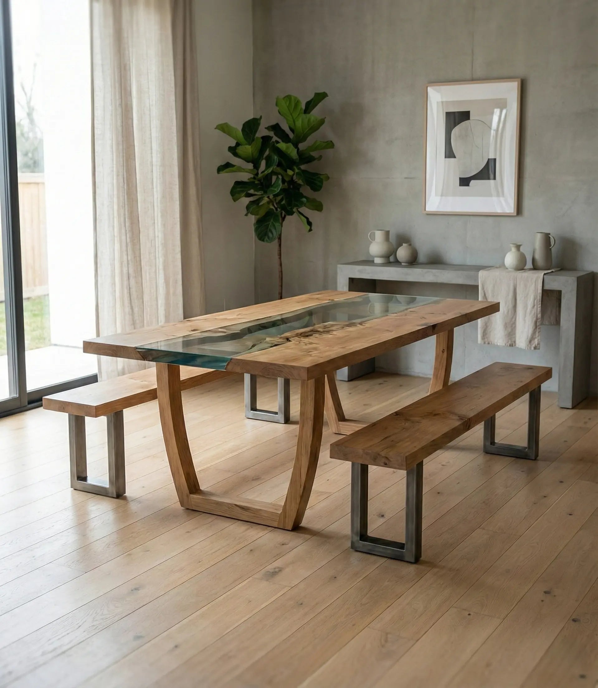 Nolan solid wood glass top dining table with bench styled in modern dining room interior.