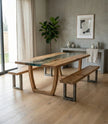 Nolan solid wood glass top dining table with bench styled in modern dining room interior.