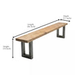 A wooden bench with metal legs shown on a white background with dimension arrows and labels indicating length 66 inches, depth 17 inches, and height 19 inches.