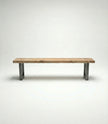 Front view of Nolan solid wood dining bench with thick wooden seat and metal frame legs.