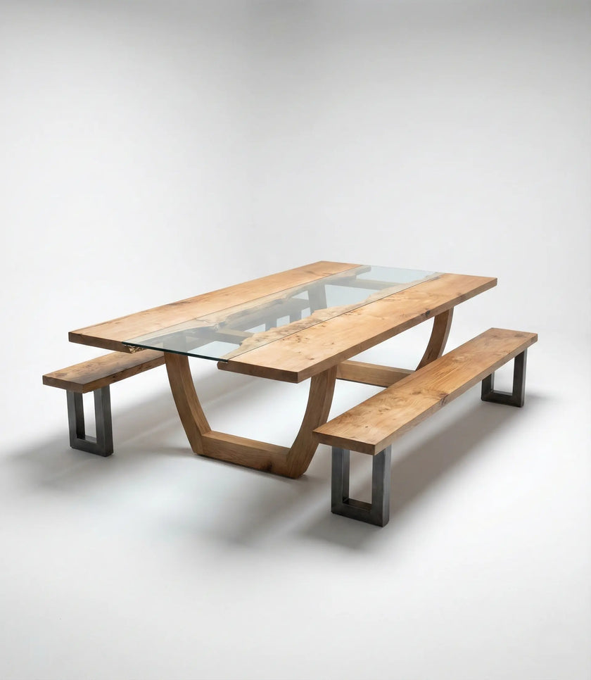 Studio view of Nolan wood and glass dining table with benches featuring metal frame legs.