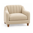Noorvan 1 seater beige fabric accent chair angled view with wooden legs