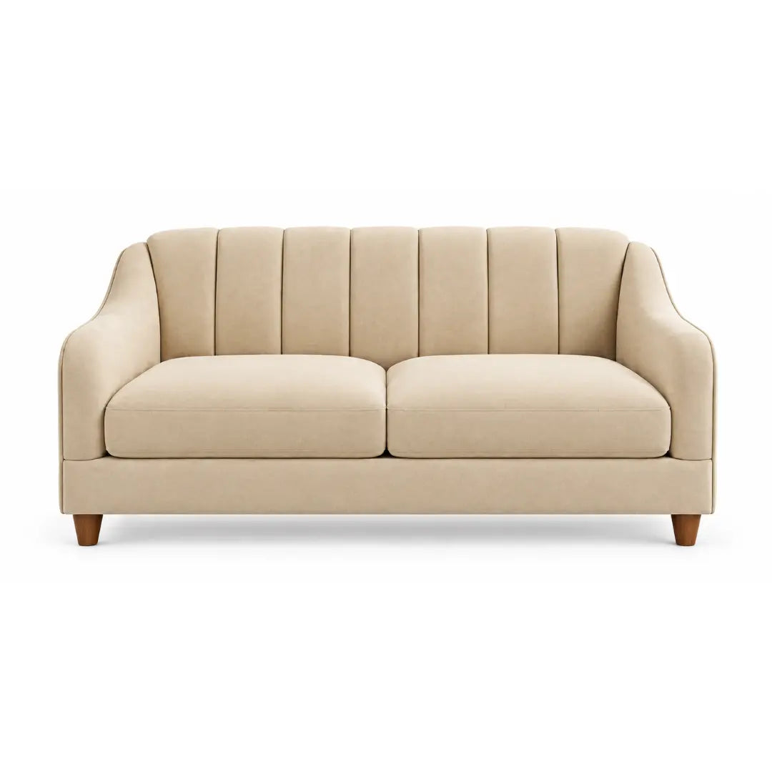 Noorvan 2 seater beige fabric sofa front view with channel-stitched back