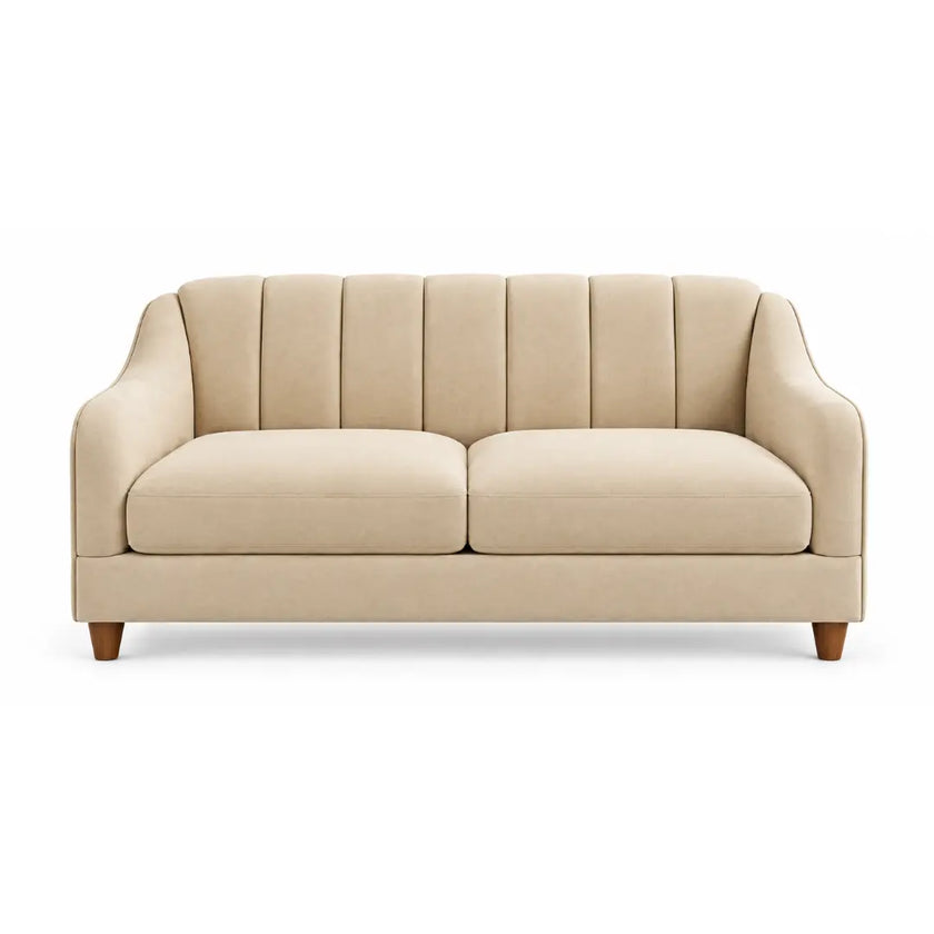Noorvan 2 seater beige fabric sofa front view with channel-stitched back