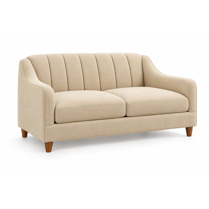 Noorvan 2 seater beige fabric loveseat angled view with curved arms