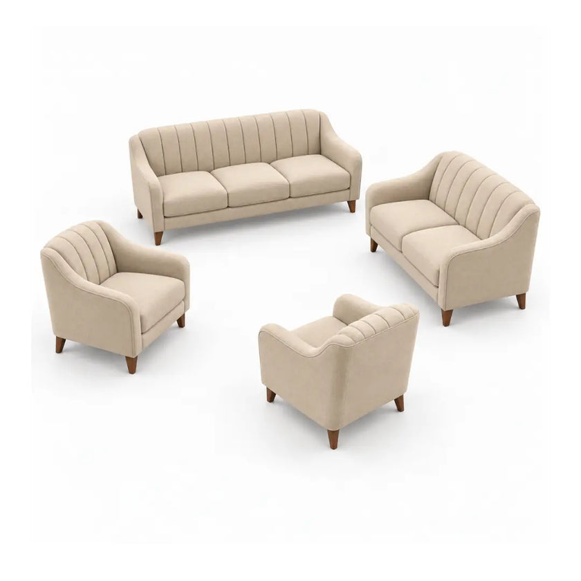 Noorvan 3+2+1+1 beige fabric sofa set arrangement viewed from a high angle
