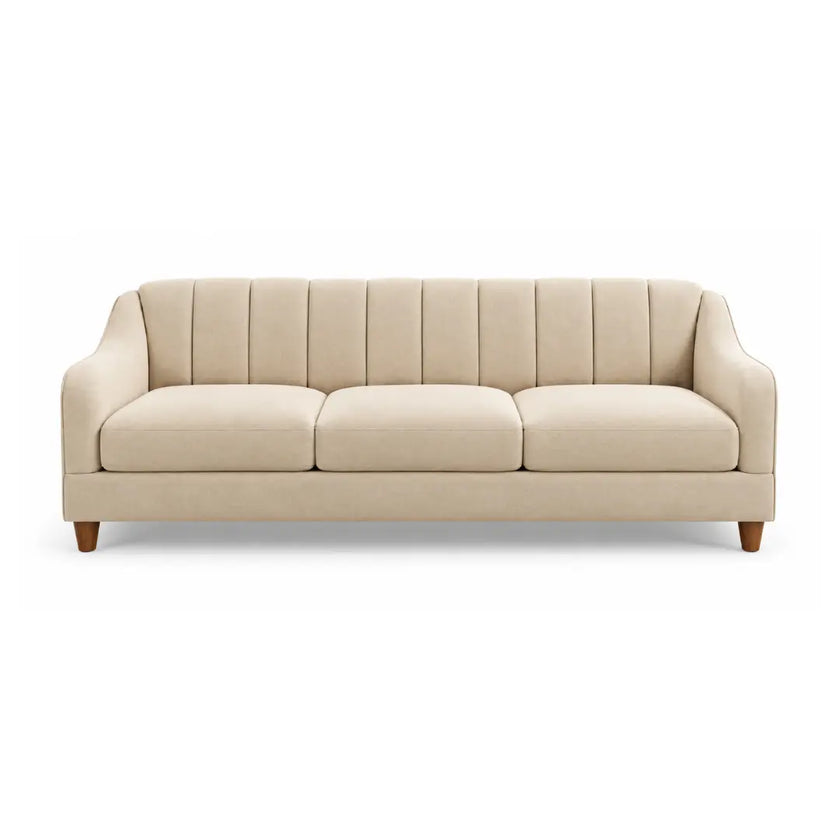 Noorvan 3 seater beige fabric sofa front view with channel-stitched backrest