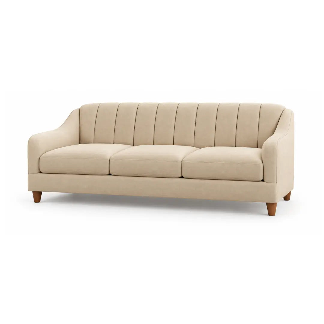 Noorvan 3 seater beige fabric sofa angled view with slim curved arms and wooden legs