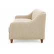 Side profile of the Noorvan 3 seater beige fabric sofa with sloped arm and wooden legs