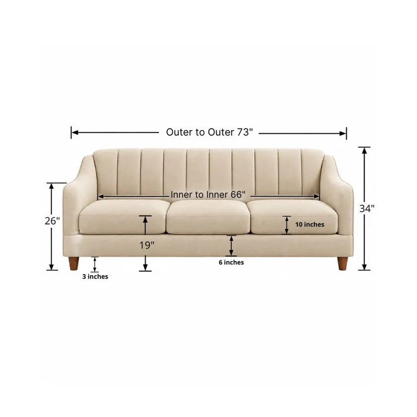 Noorvan 3 seater fabric sofa dimensions: 73 inch outer width, 66 inch inner width, 34 inch height and 19 inch seat height