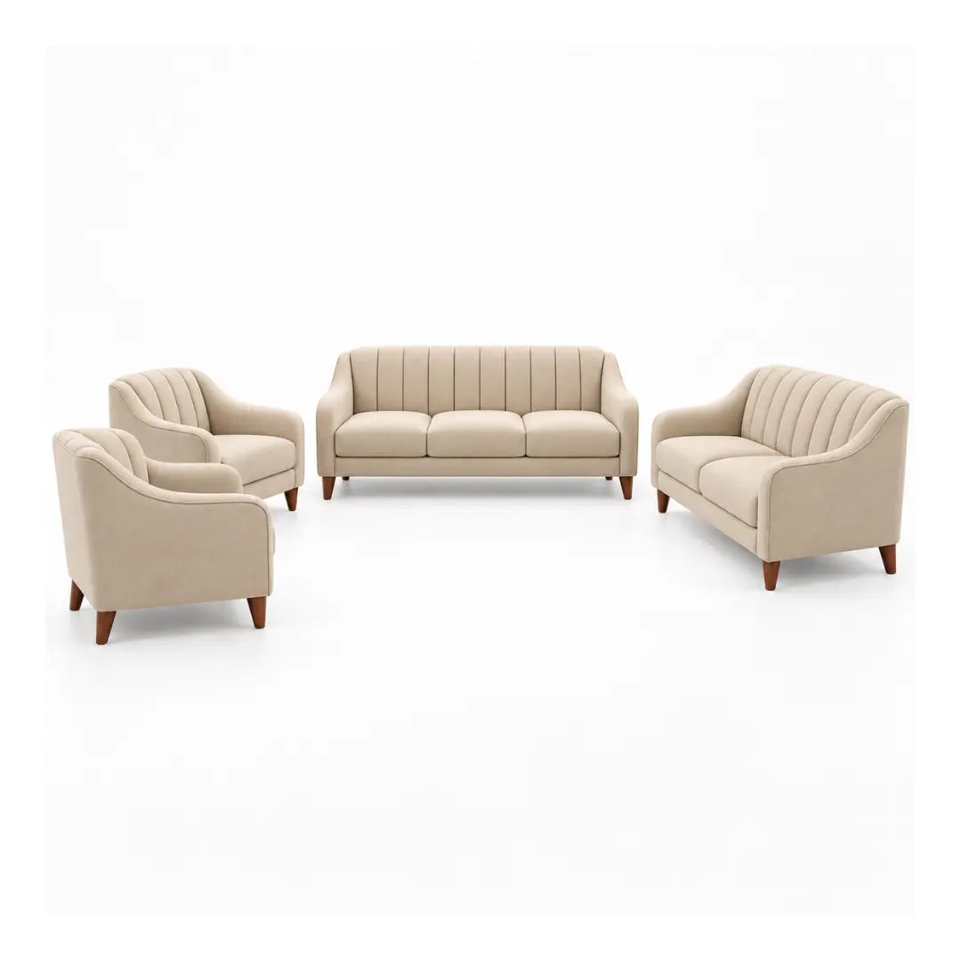 Noorvan 7 seater beige fabric sofa set front view with 3 seater, 2 seater and two single seater chairs