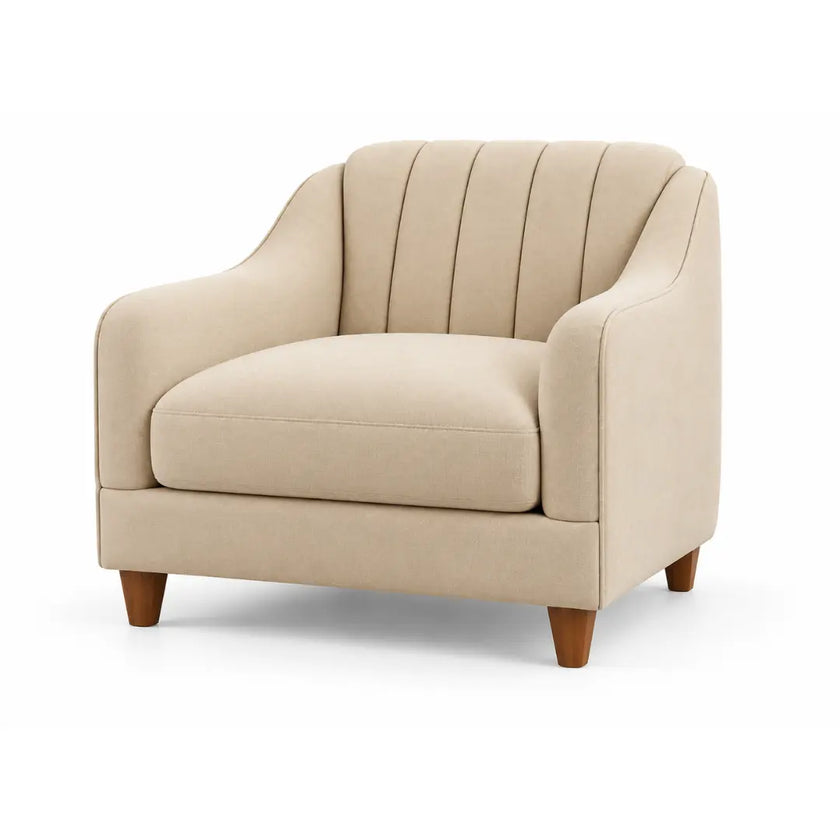 Noorvan beige fabric armchair left angle view with plush seat cushion