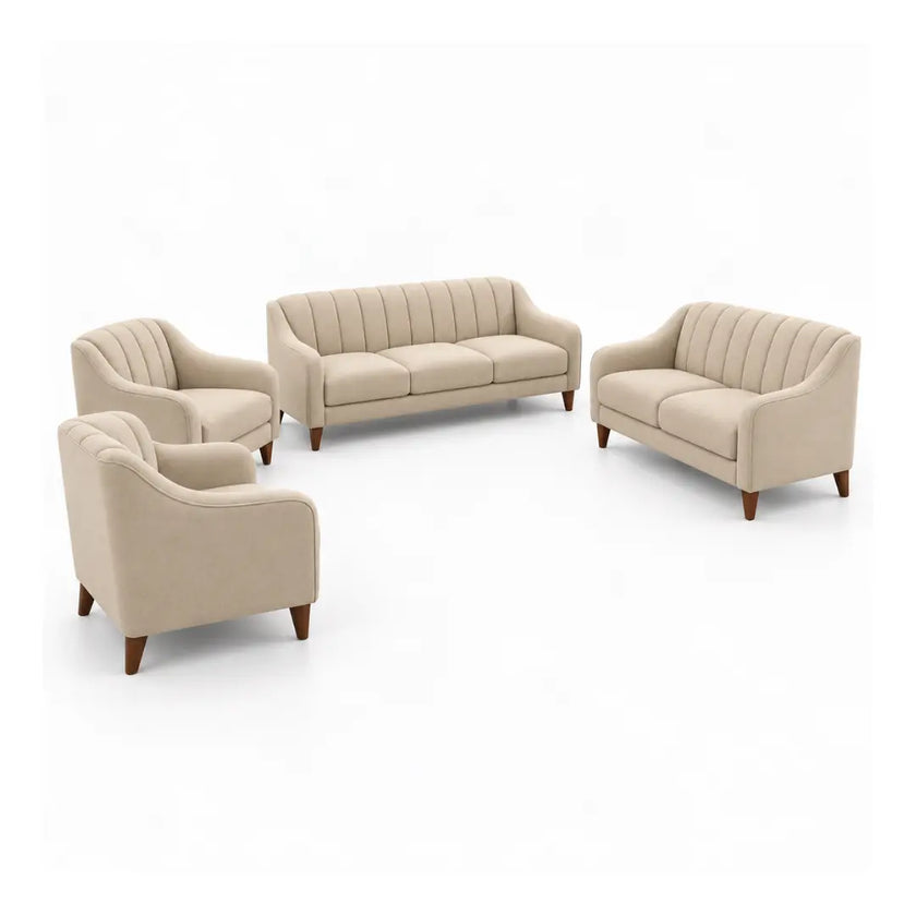 Noorvan beige fabric sofa set for living room with three-seater, two-seater and two armchairs