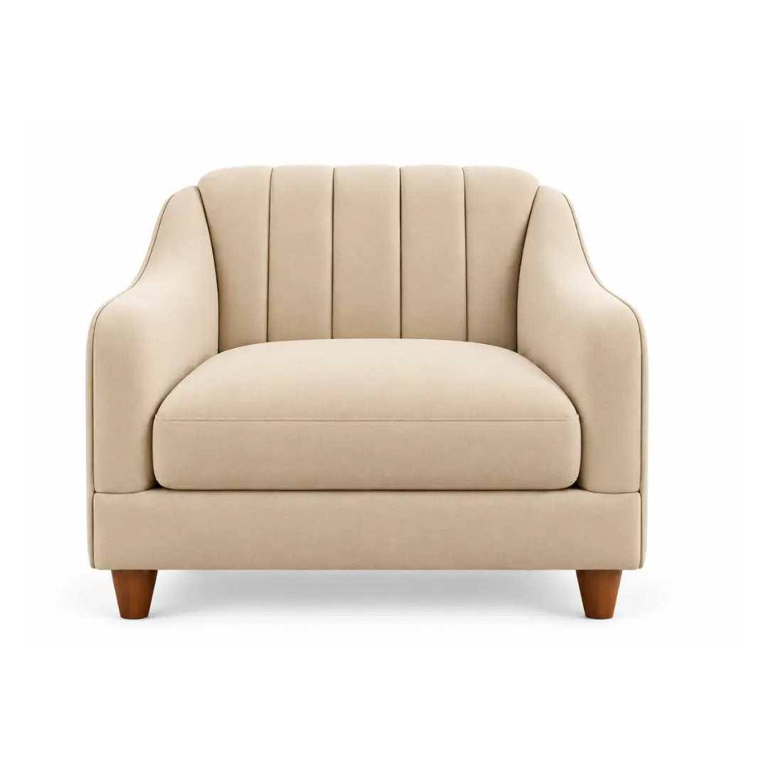 Noorvan single seater beige fabric armchair front view with channel-stitched back
