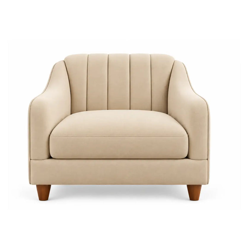 Noorvan single seater beige fabric armchair front view with channel-stitched back