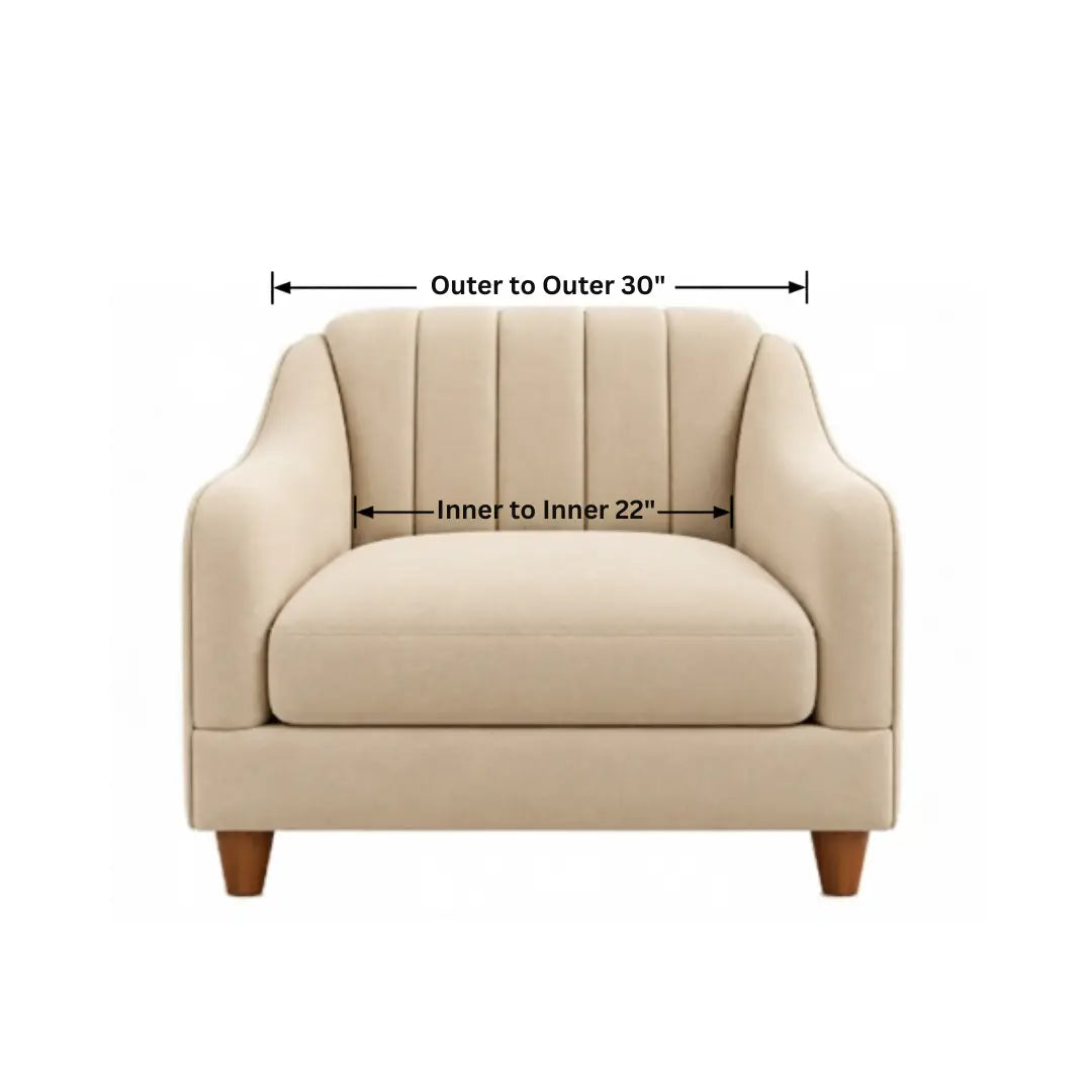Noorvan single seater sofa chair dimensions: 30 inch outer width and 22 inch inner width