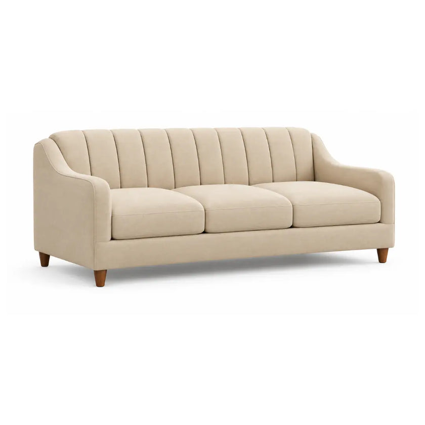 Noorvan three seater channel-stitched sofa in beige fabric with three seat cushions