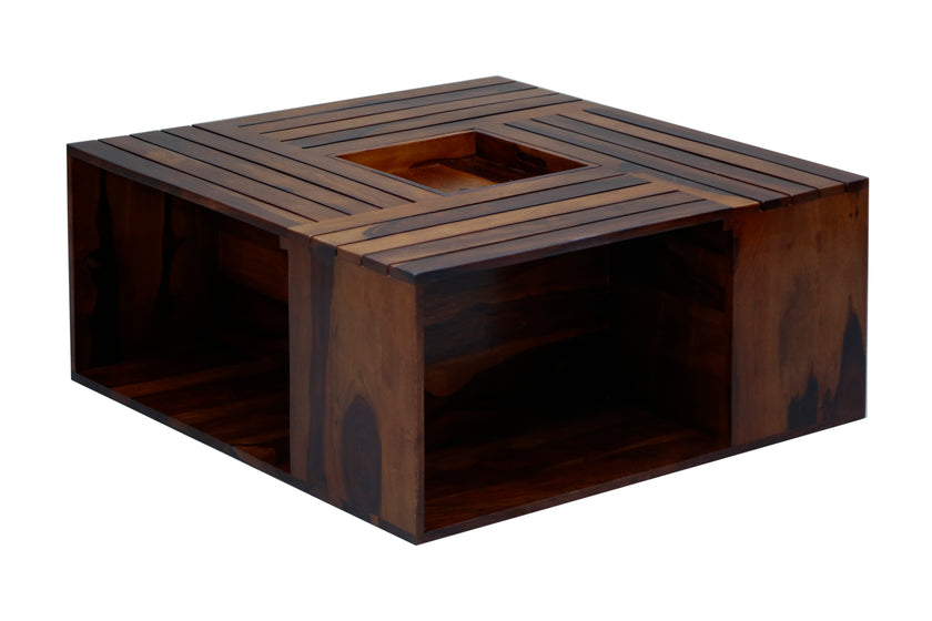 Orbit Square Solid Sheesham Wood Open Storage Coffee Table with Removable Tray
