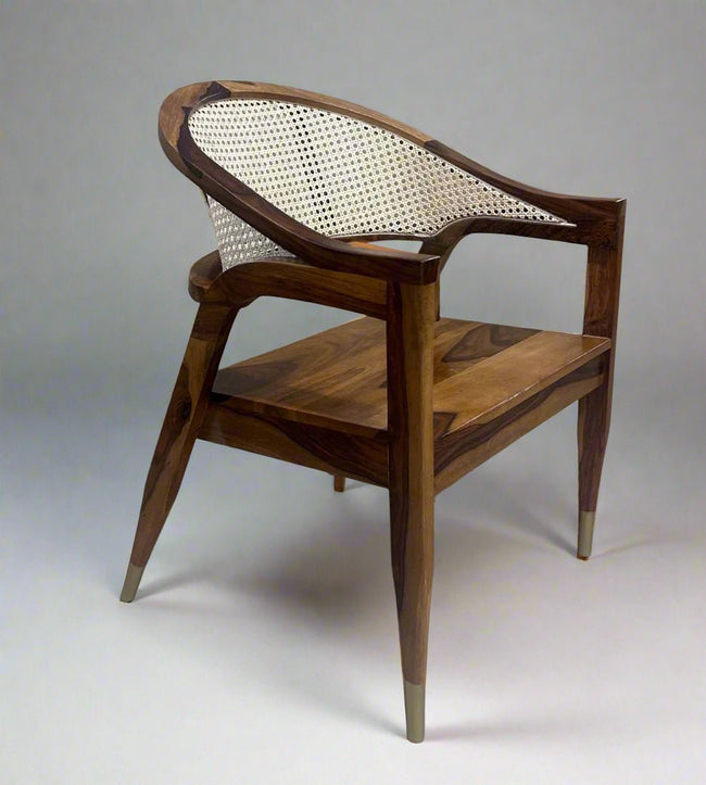 Ortho solid sheesham wood cane back accent chair angled view