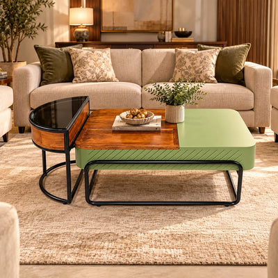 Pannavan lift top storage coffee table in sage green with half moon end table in a living room