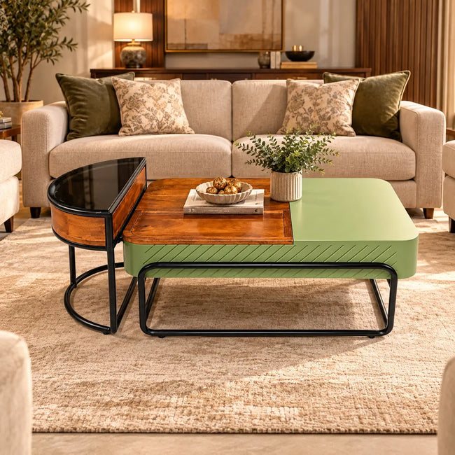 Pannavan lift top storage coffee table in sage green with half moon end table in a living room