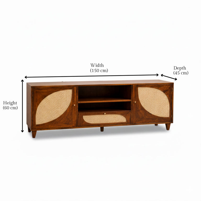 Petal Arc Solid Wood 2 Door TV Cabinet with Open Shelves & Cane Drawer