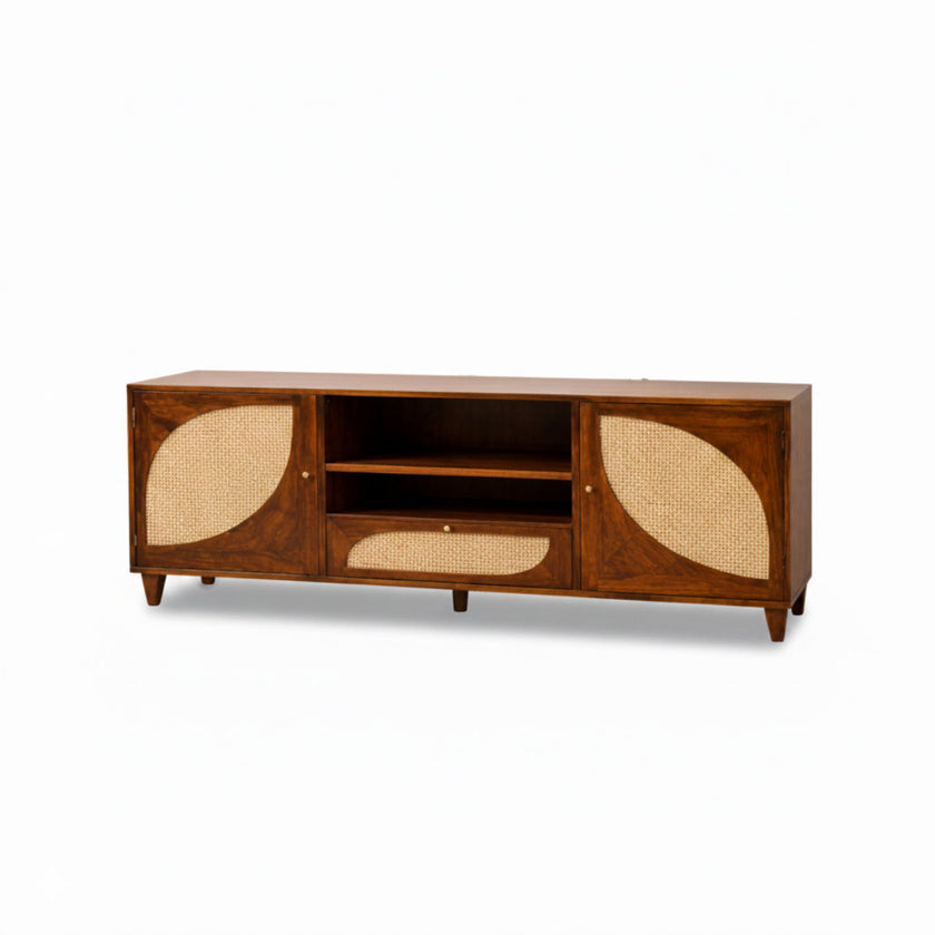 Petal Arc Solid Wood 2 Door TV Cabinet with Open Shelves & Cane Drawer