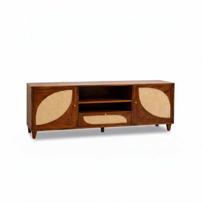 Petal Arc Solid Wood 2 Door TV Cabinet with Open Shelves & Cane Drawer