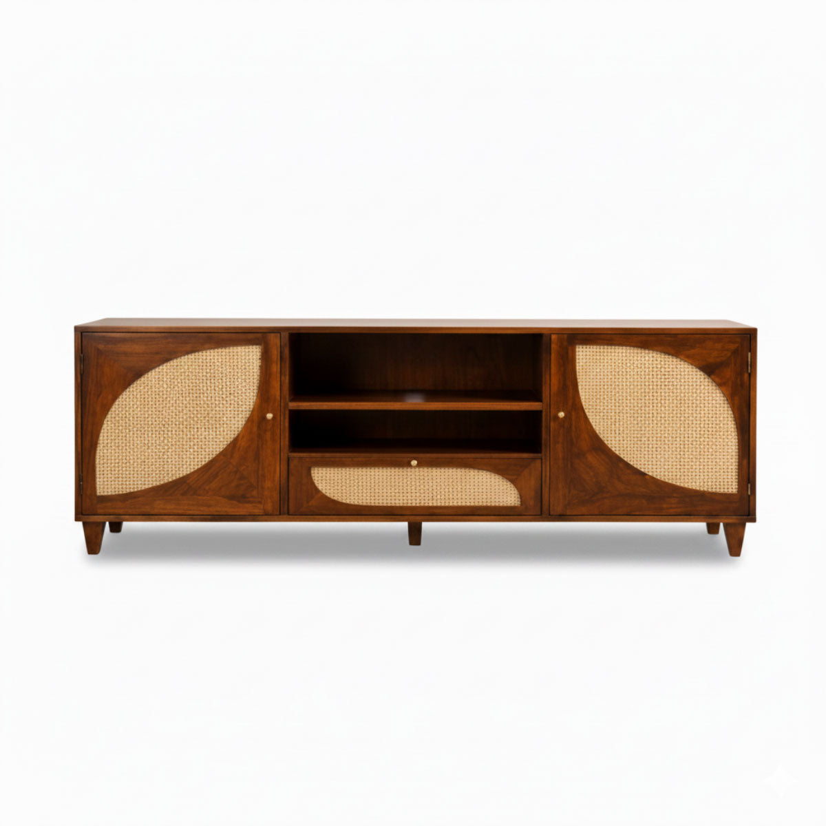 Petal Arc Solid Wood 2 Door TV Cabinet with Open Shelves & Cane Drawer