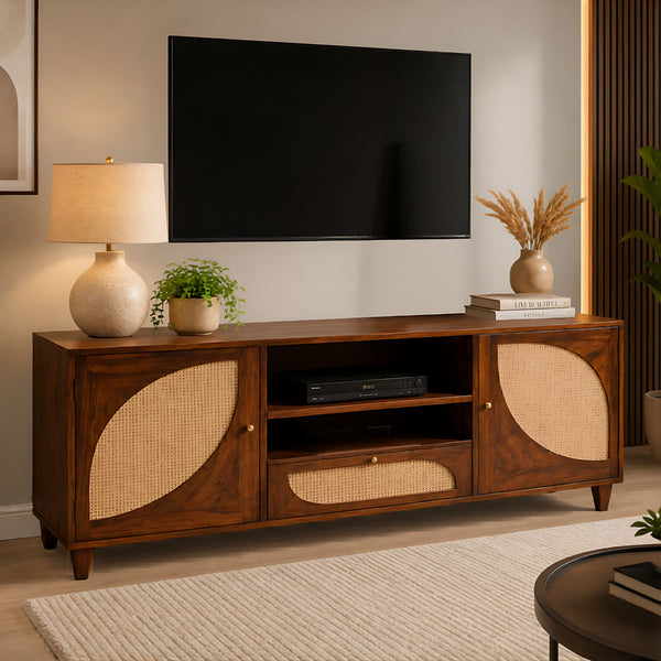 Petal Arc Solid Wood 2 Door TV Cabinet with Open Shelves & Cane Drawer