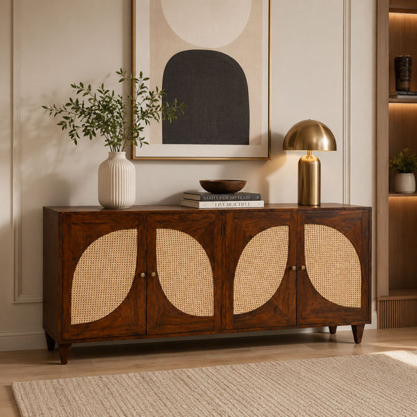 Petal Arch Solid Wood 4 Door Cane Sideboard