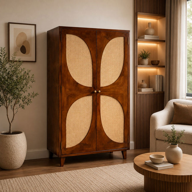 Petal Solid Wood 2 Door Cane Wardrobe