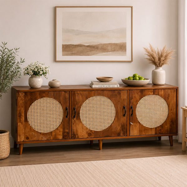 Petal O Solid Wood 3 Door TV Cabinet with Cane Inserts