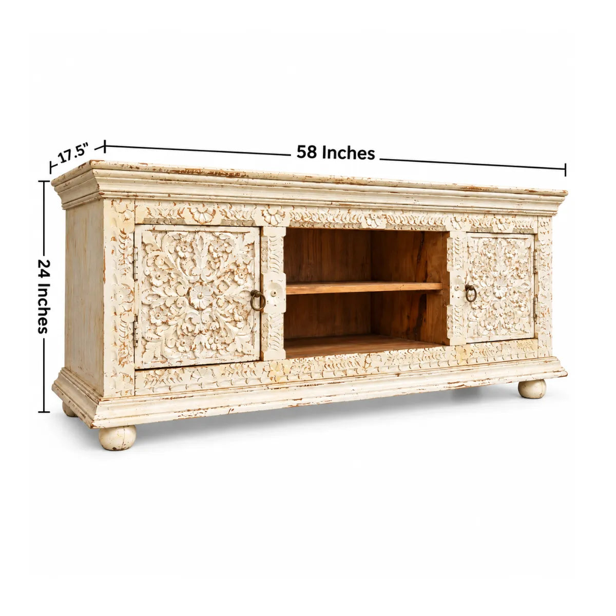 Phoolvan wooden TV unit dimensions 58 inches wide, 17.5 inches deep and 24 inches tall